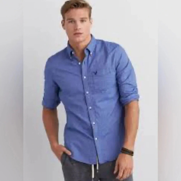 American Eagle Outfitter Men’s Dark Blue Collared Button Cotton Shirt Like New S - Picture 1 of 9